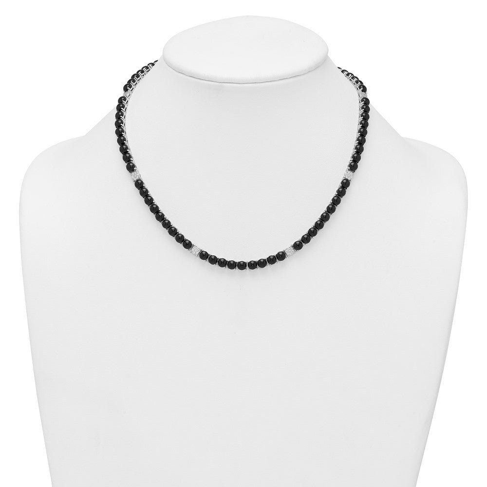 Sterling Silver Polished Pave CZ and Onyx 17 Inch with 3 Inch Extension Necklace