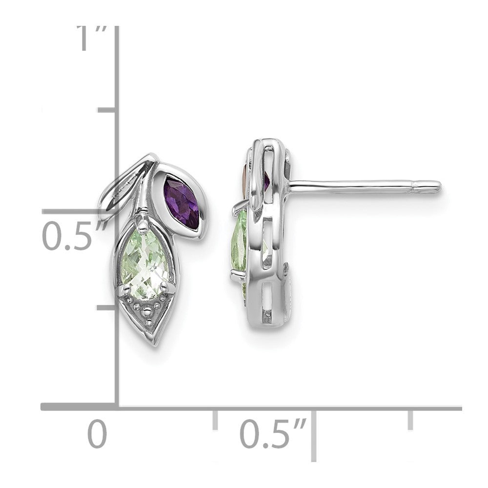 Sterling Silver Rhodium-plated Polished Amethyst and Green Quartz Leaf Earrings