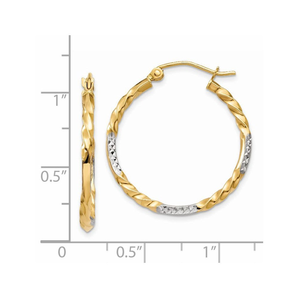 14k Yellow Gold & Rhodium Diamond Cut Twisted Hoop Earrings