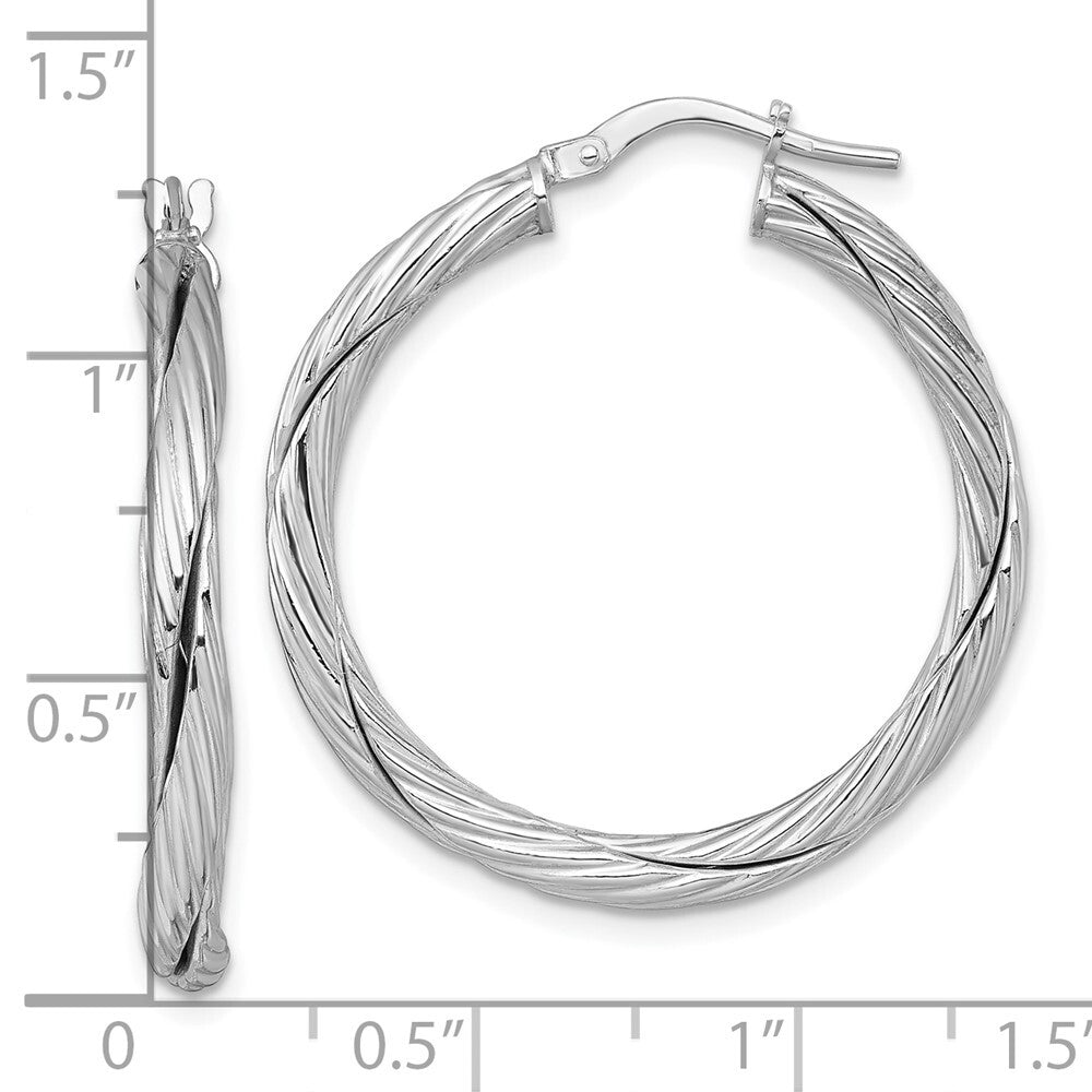 Sterling Silver RH-plated Polished and Twisted Round Hoop Earrings