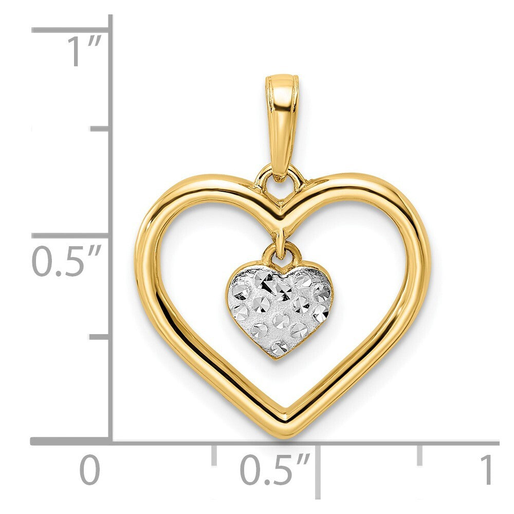 14k Yellow Gold and White Rhodium Diamond-cut Heart Dangle Heart Pendant
