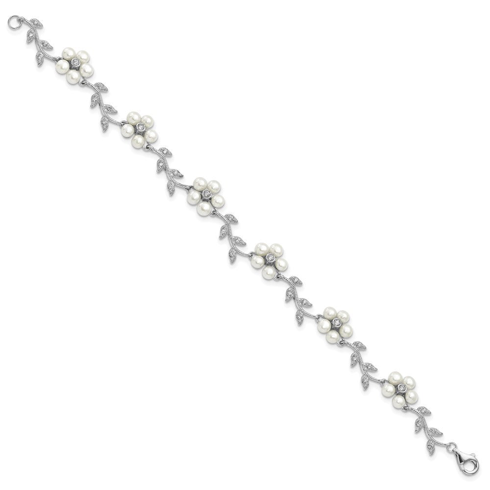 Sterling Silver Rhodium-plated CZ Vine Pattern Cultured Pearl Floral 7" Bracelet