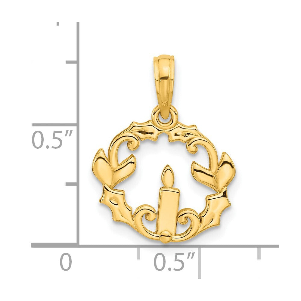 14k Yellow Gold Polished Candle with Holly Circle Pendant for Women