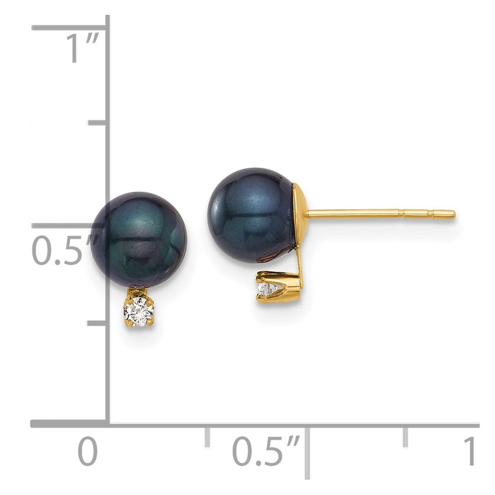 14k Yellow Gold 7mm Black Akoya Saltwater Cultured Pearl & Diamond Stud Earrings