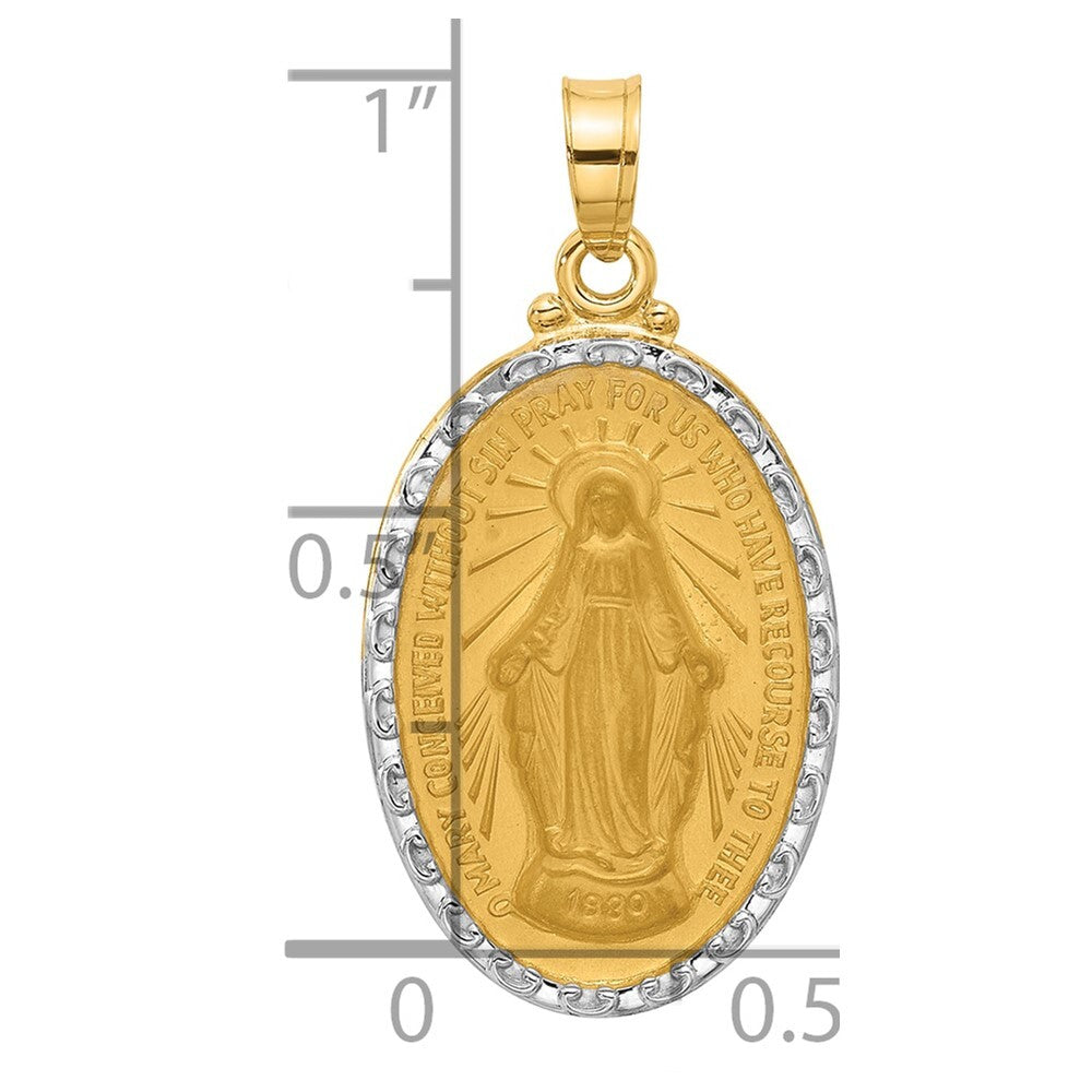 14k Yellow Gold with Rhodium Satin Polished Miraculous Medal Solid Oval Pendant