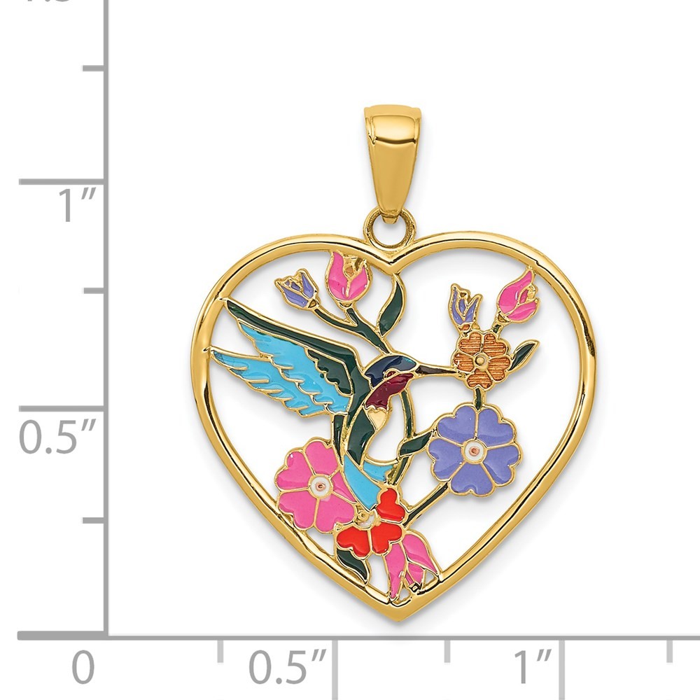 14k Yellow Gold Enameled Hummingbird Flowers Heart Pendant