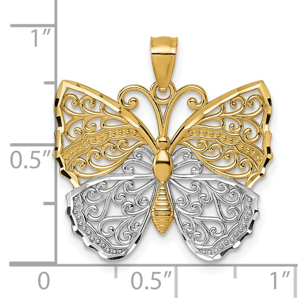 14k Yellow Gold & Rhodium Textured Fancy Butterfly Pendant for Women