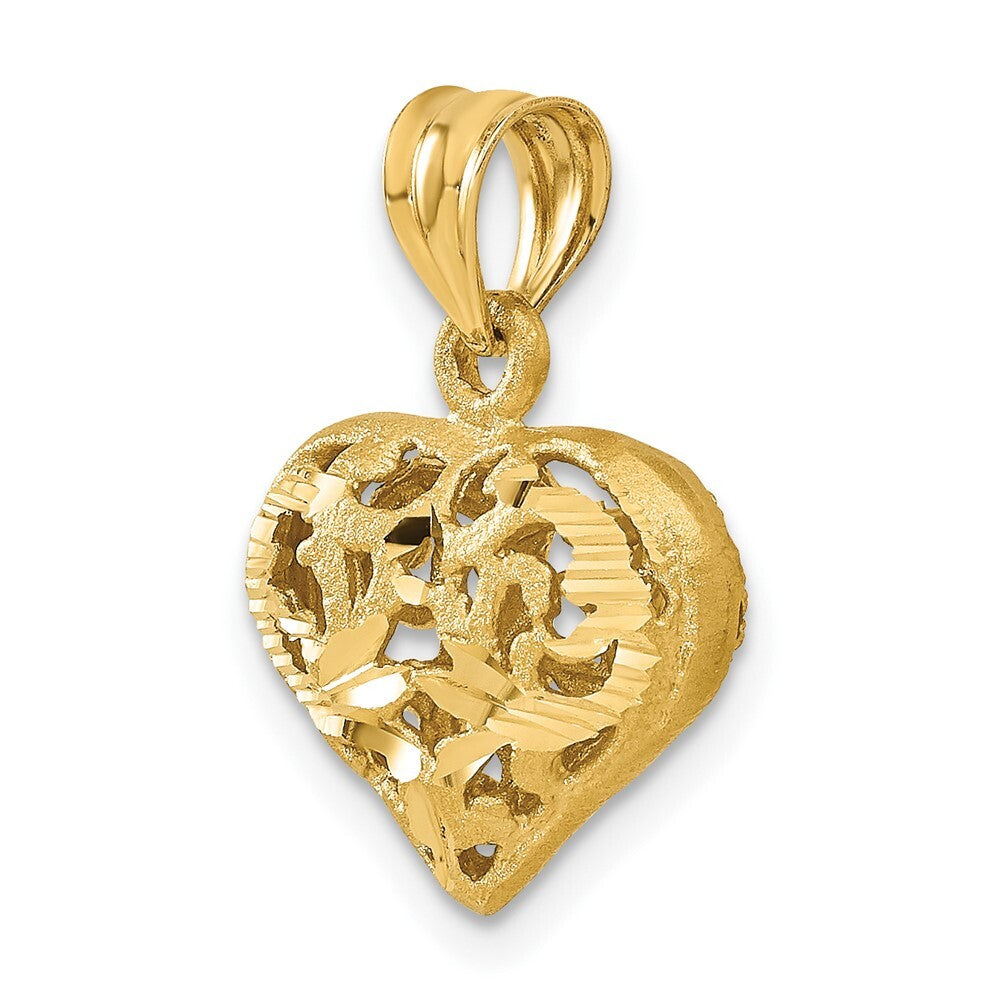 14k Yellow Gold Polished 3-D Filigree Puffed Heart Pendant for Women