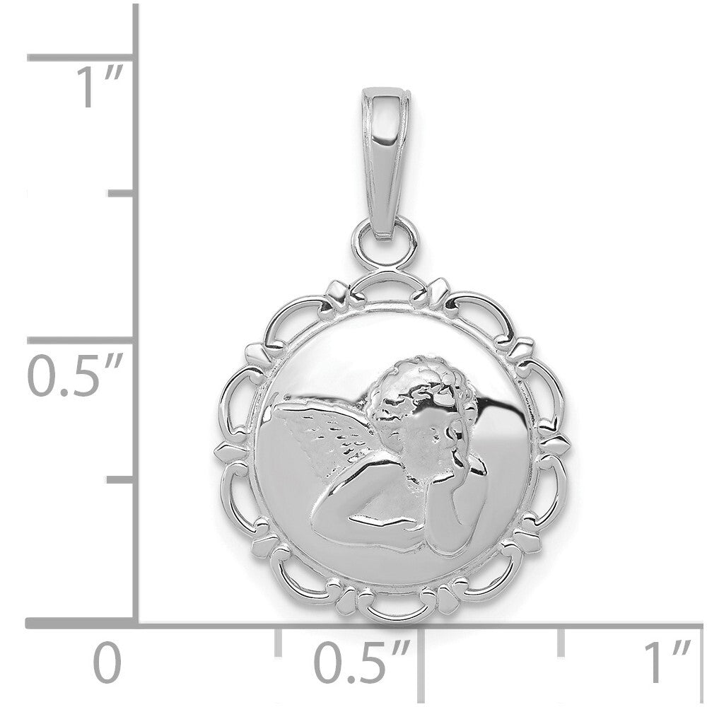 14k White Gold Polished Angel/Cherub on Round Scallop Frame Pendant for Women