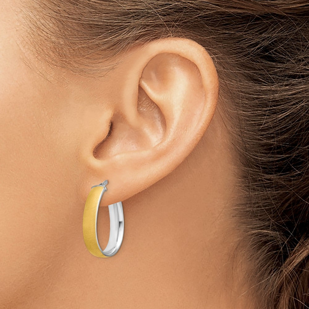 14k Yellow Gold & Rhodium 4.85x18.5mm Satin & Polished Teardrop Hoop Earrings