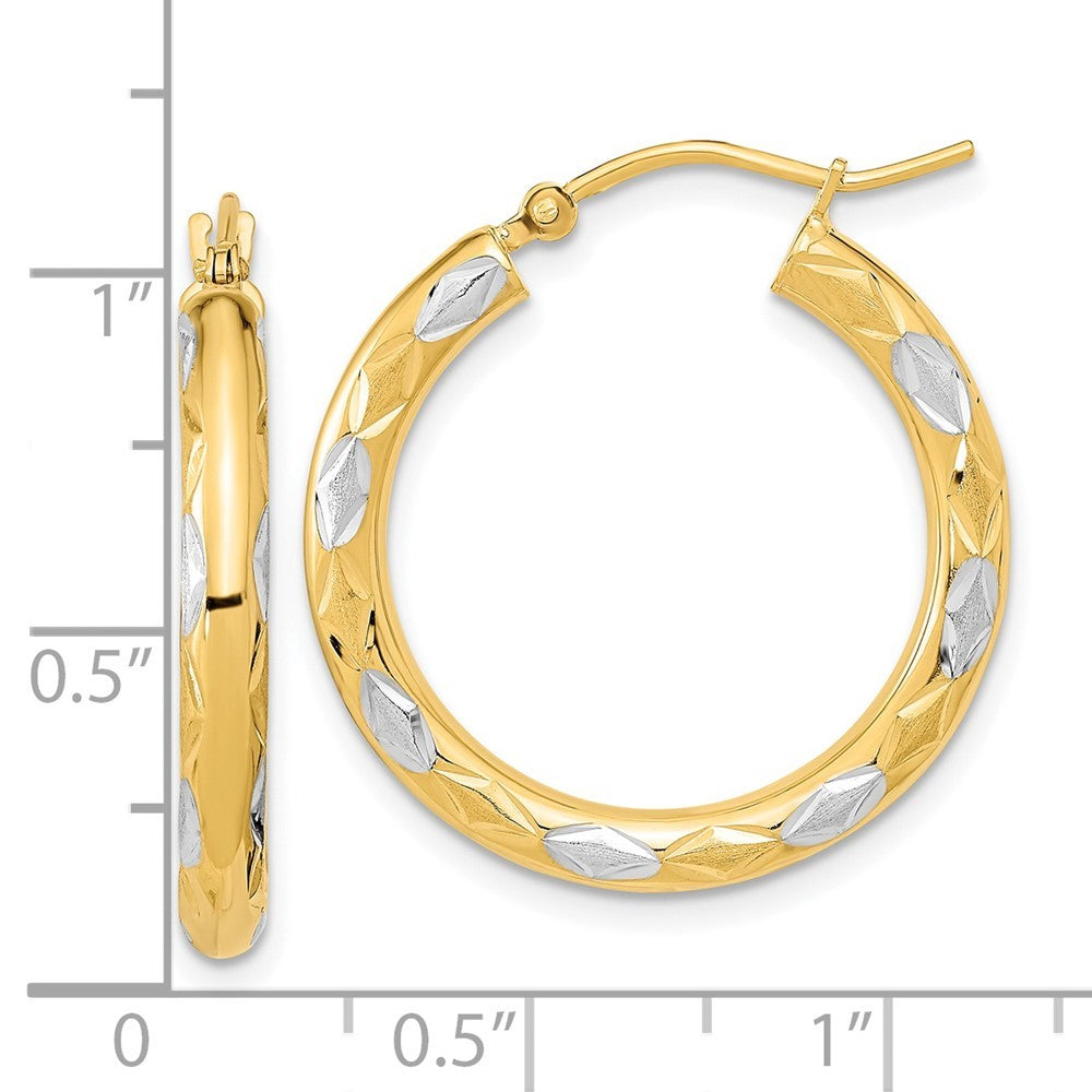 14k Yellow Gold White Rhodium Polished Satin and Diamond-cut Hoop Earrings
