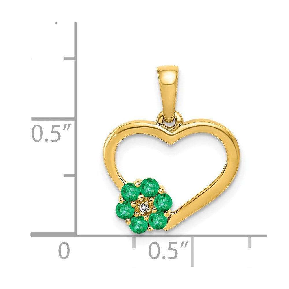 14k Yellow Gold Diamond and Emerald Heart and Flower Pendant for Women