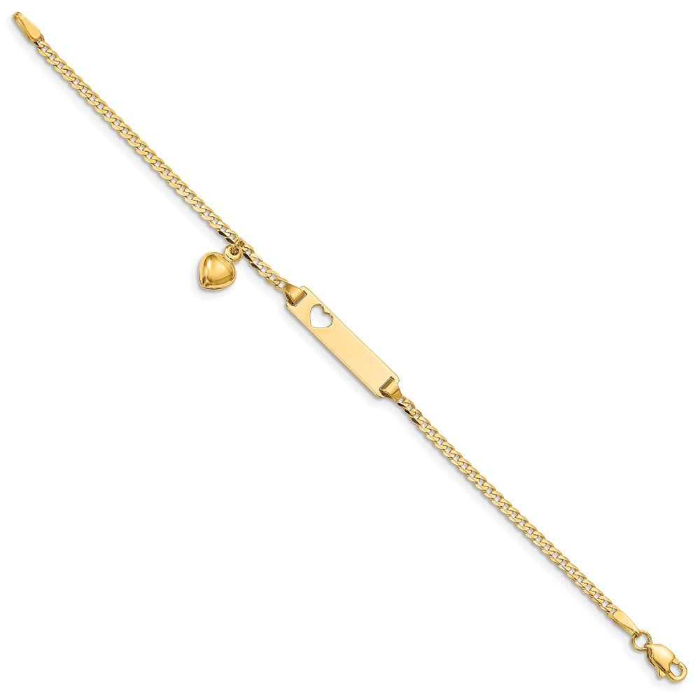 14k Gold Solid Cut-out Heart Dangle Curb Link 21x5mm Plate 5.5" ID Bracelet
