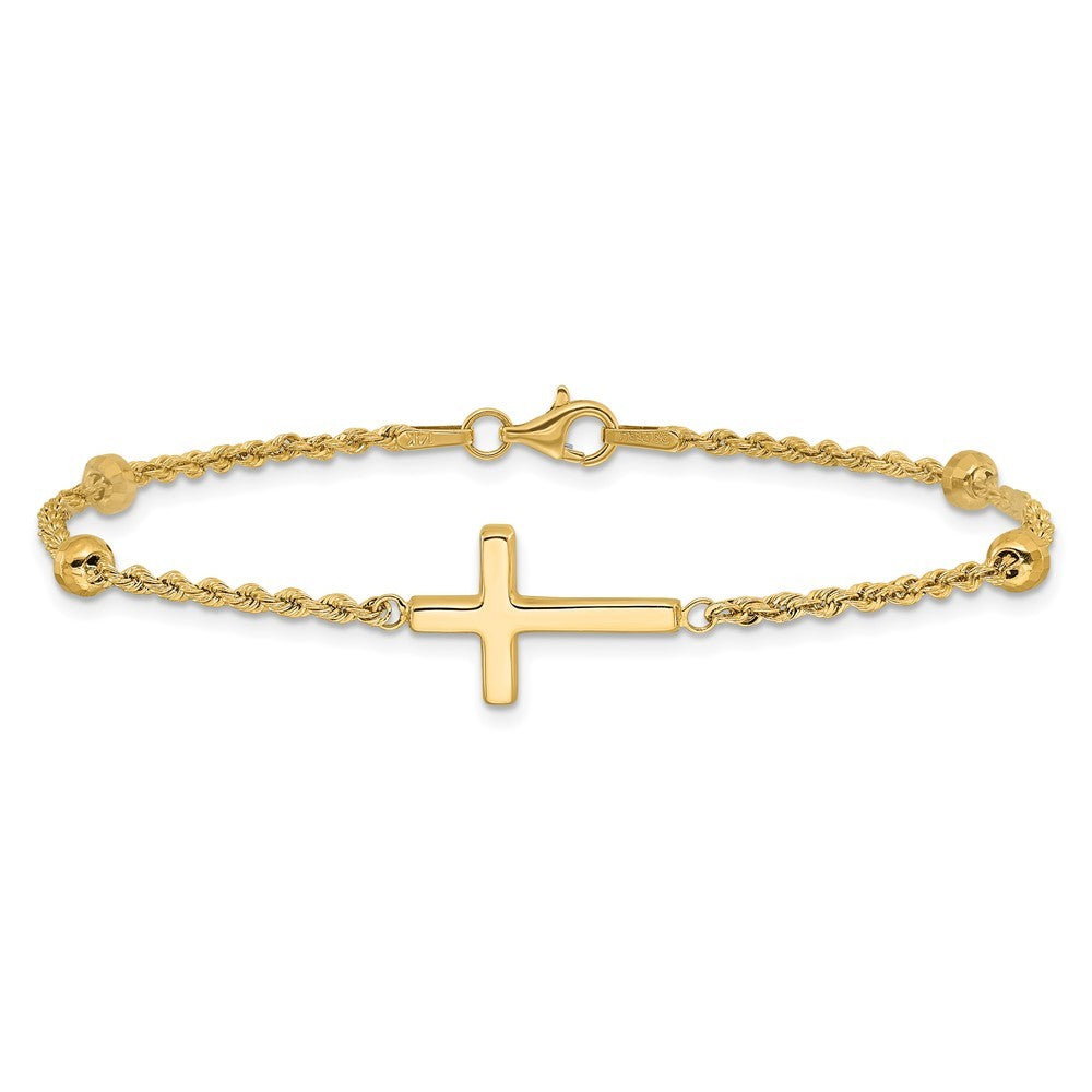 14k Yellow Gold Mirror Beads and Cross 7.5 inch Bracelet