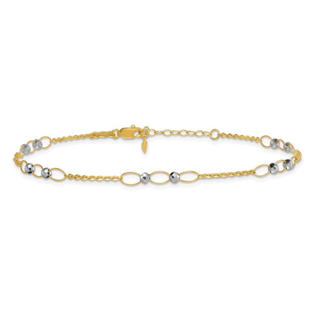 14k Two-tone Oval Links and Mirror Beads 10" Anklet