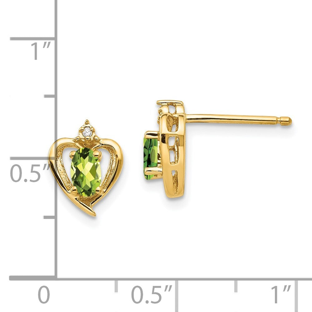 14k Yellow Gold Peridot and Diamond Heart Stud Earrings Gift for Women