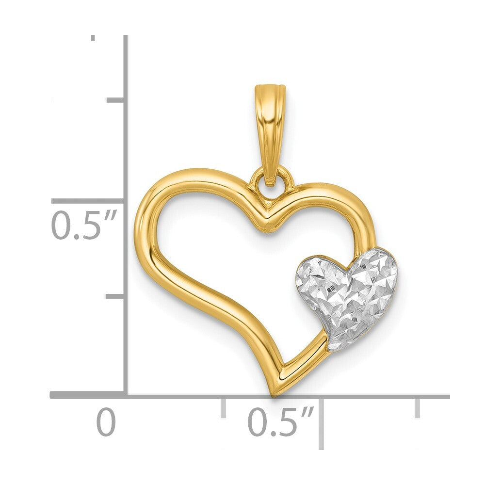 14k Yellow Gold White Rhodium Polished Heart Shape With Mini Heart Charm Pendant