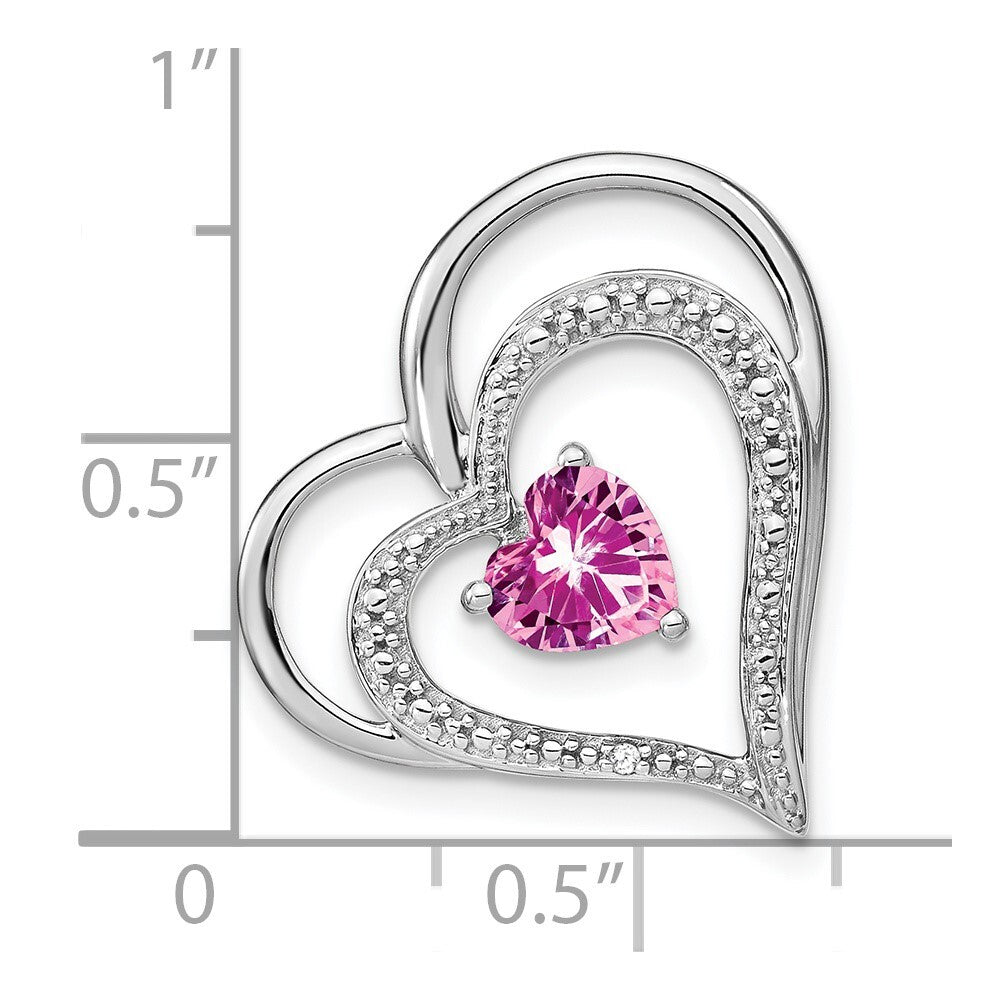 14k White Gold Created Pink Sapphire/Diamond Heart Chain Slide Pendant for Women