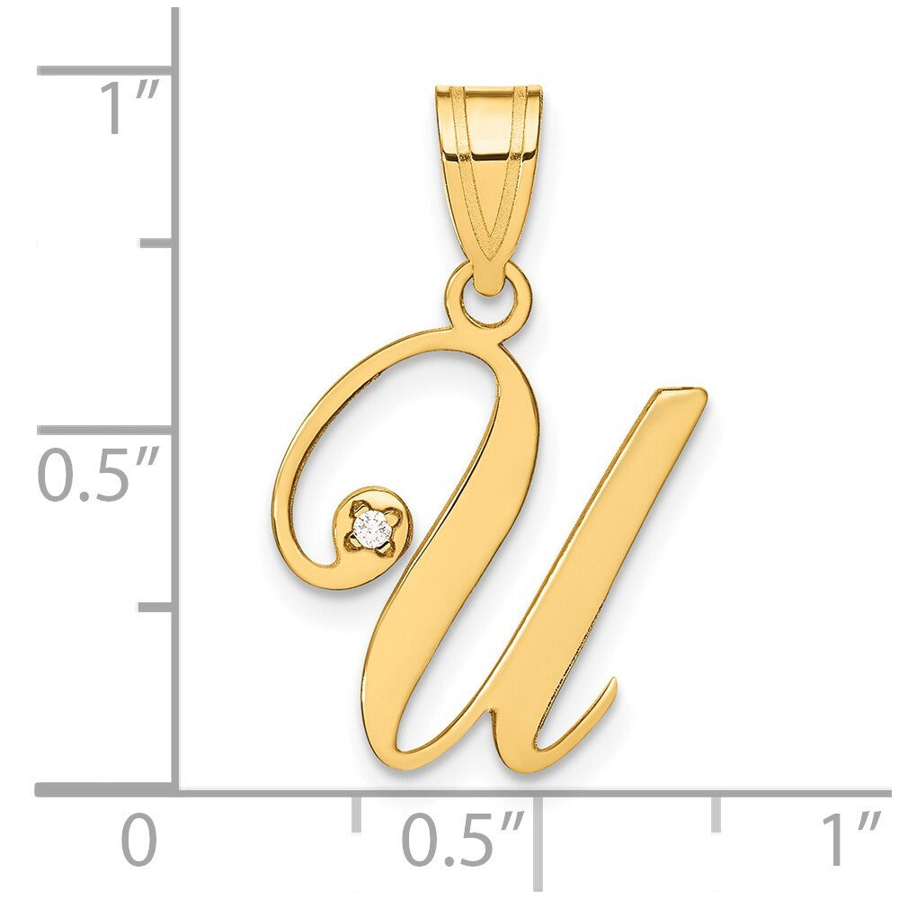 14k Yellow Gold Script Letter U Initial Pendant with Diamond for Women