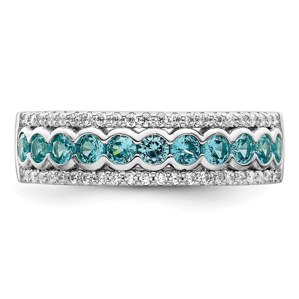 Sterling Silver Rhodium plated Aqua & White CZ Band Size 6