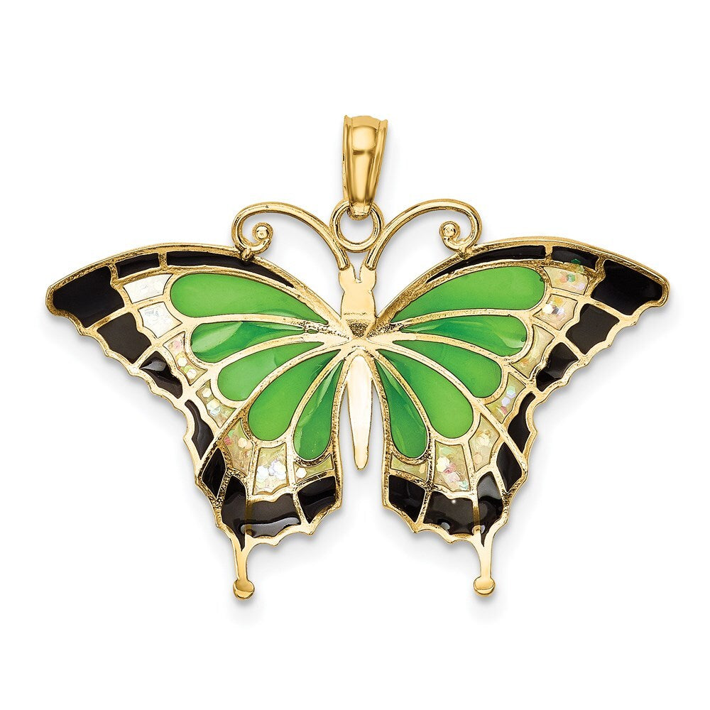 14k Yellow Gold Green Enameled Butterly Pendant for Women