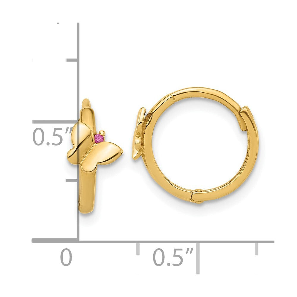 14k Yellow Gold Polished Pink Cubic Zirconia Butterfly Hinged Hoop Earrings