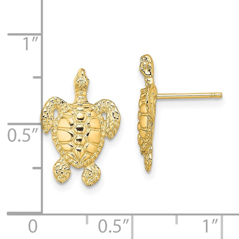 14k Yellow Gold Polished and Textured Sea Turtle Stud Earrings Gift for Women