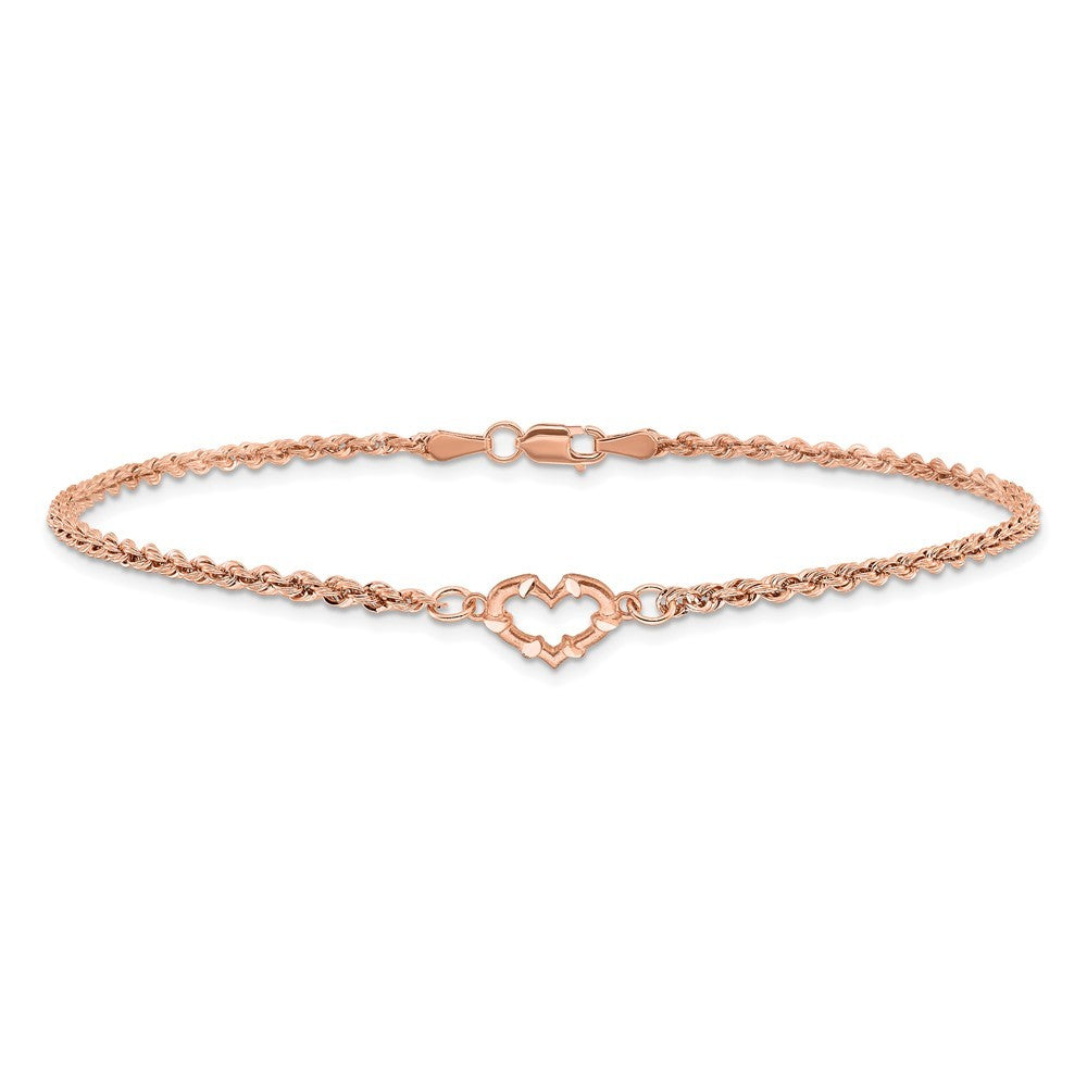 14k Rose Gold Diamond-cut Open Heart and Rope Chain 10 inch Anklet