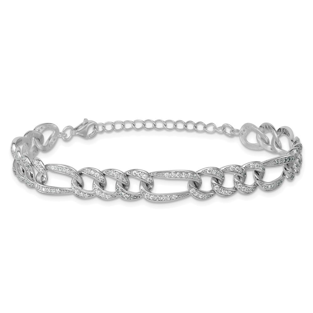 Sterling Silver CZ 8.5mm Figaro Link 7" with 1.5" Extension Bracelet