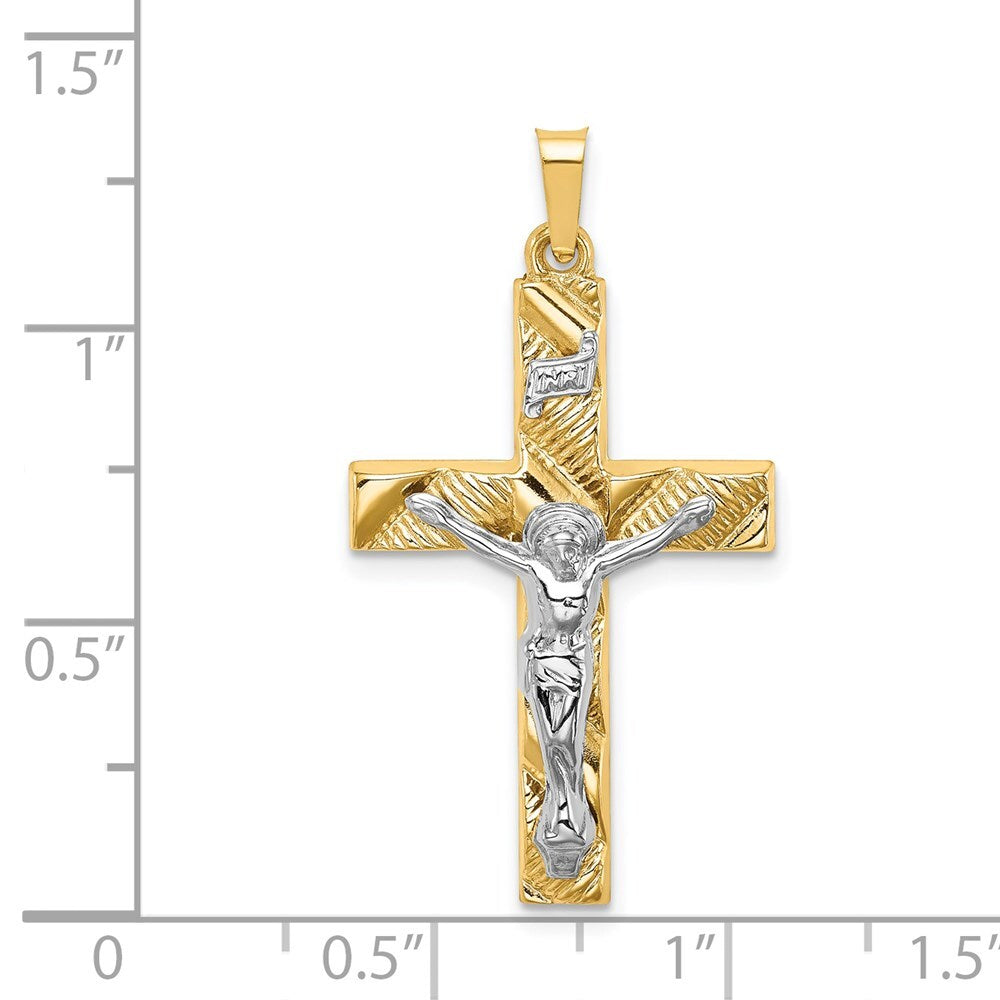 14k Two-tone Gold Hollow Polished Textured Latin Crucifix Pendant