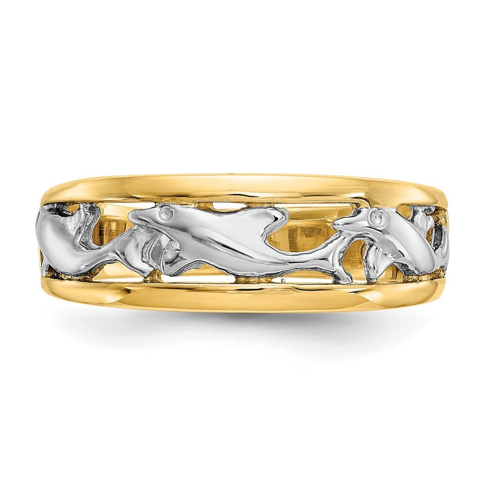 14K Yellow Gold With Rhodium Dolphin Ring