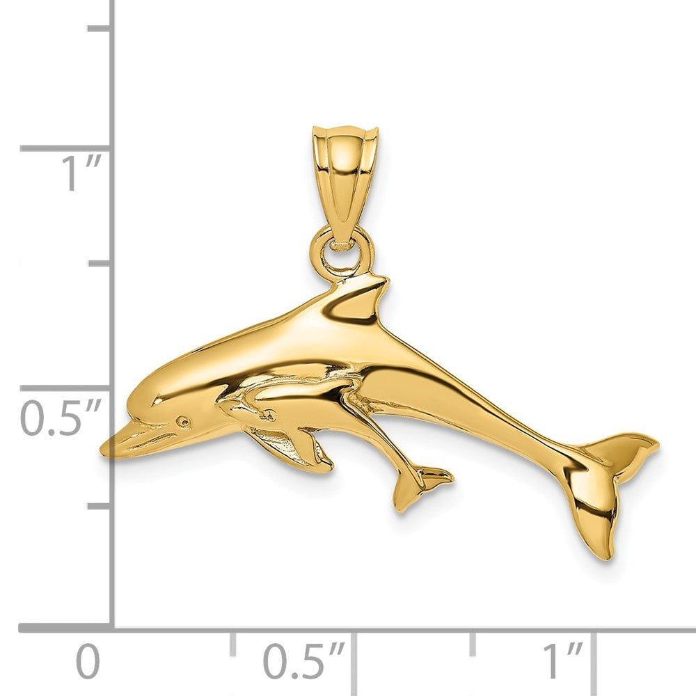 14k Yellow Gold Polished Dolphin and Baby Charm