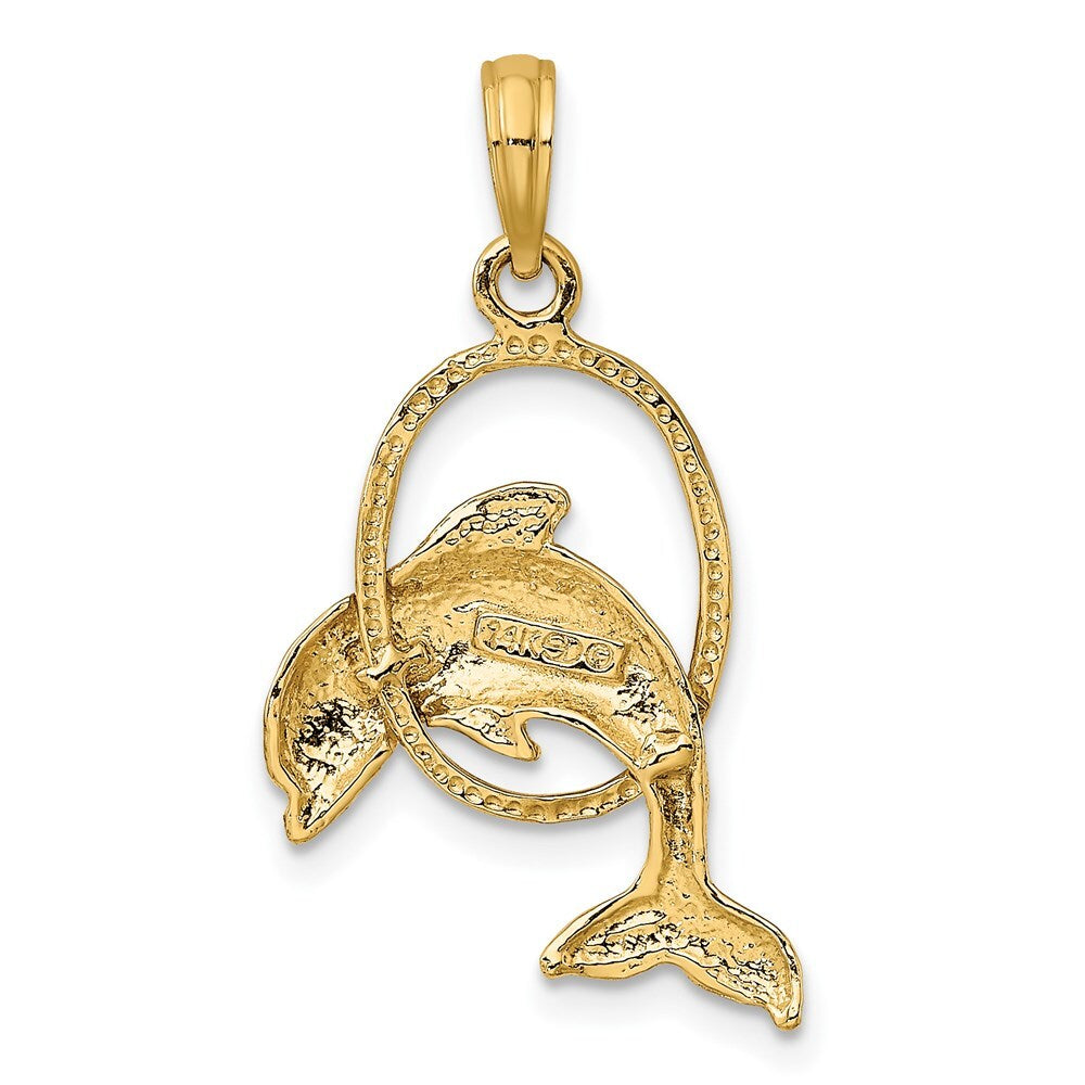 14k Yellow Gold Polished Dolphin Jumping Through Hoop Charm Pendant for Women
