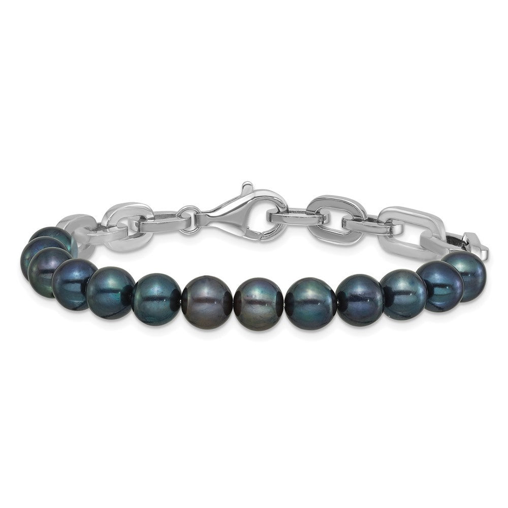 Sterling Silver Rhodium-plated 7-8mm Black Cultured Pearl Link 8" Bracelet