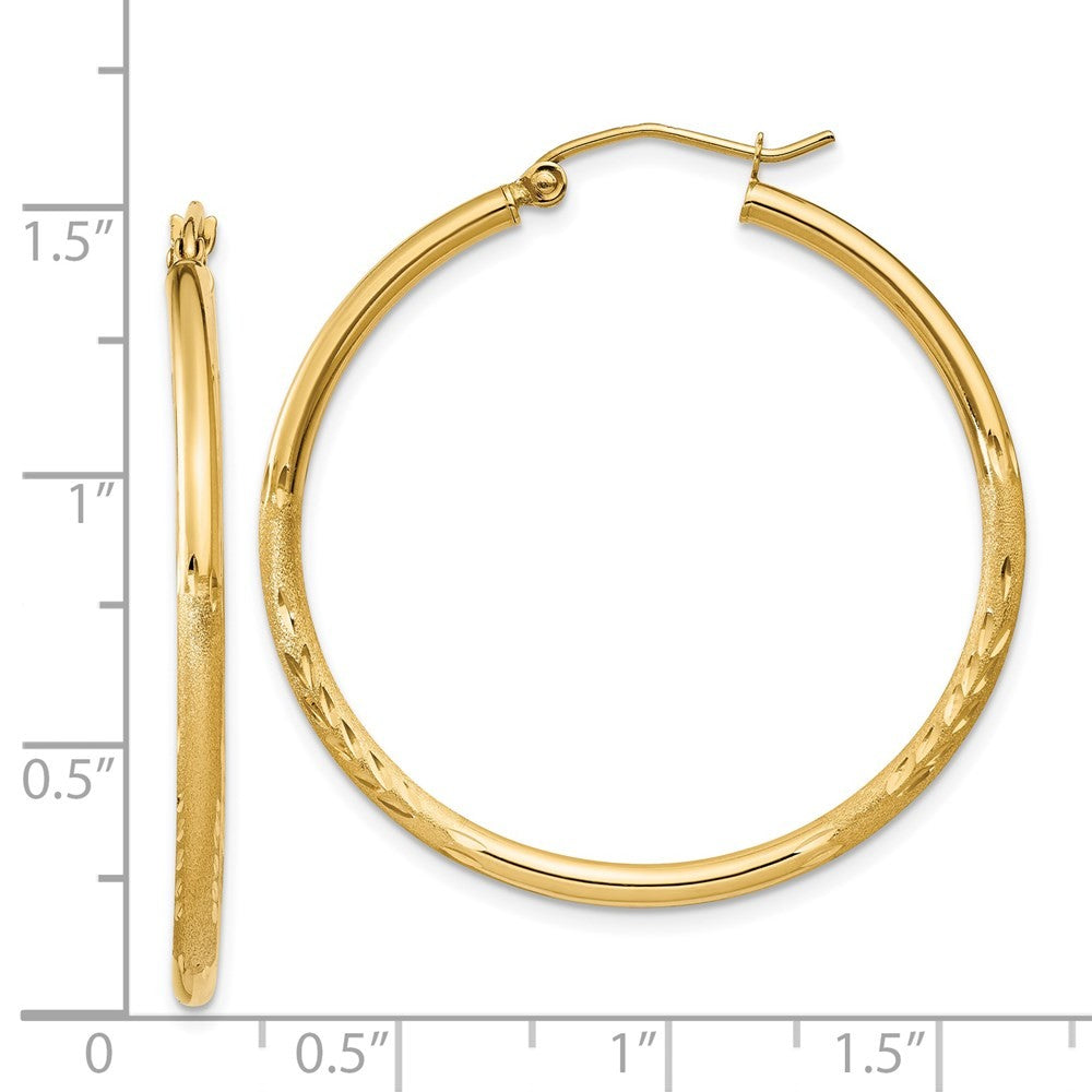 14k Yellow Gold Satin and Diamond-cut 2mm Round Tube Hoop Earrings