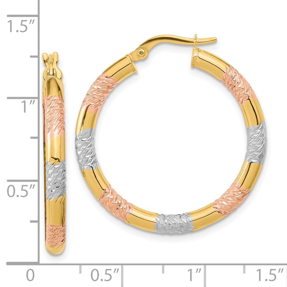14k Yellow Gold with Rose and White Rhodium Diamond-cut 3.0mm Hoop Earrings