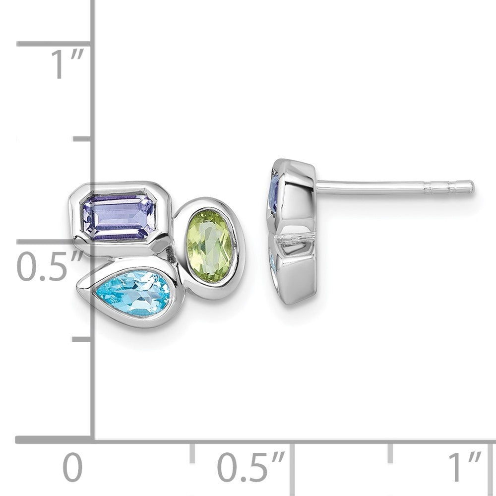 Sterling Silver Pear Blue Topaz, Oval Peridot & Emerald-cut Amethyst Earrings