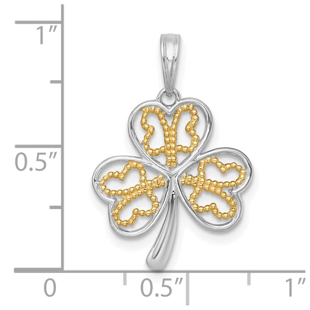 14k Yellow Gold with White Rhodium Polished Fancy 3 Leaf Clover Charm Pendant