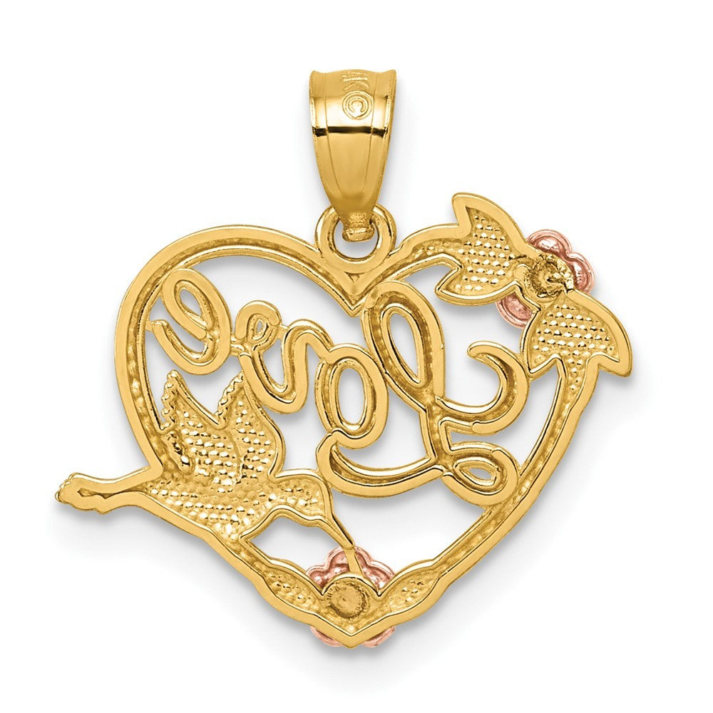 14k Two-tone Gold and White Rhodium Polished LOVE Floral And Bird Heart Pendant