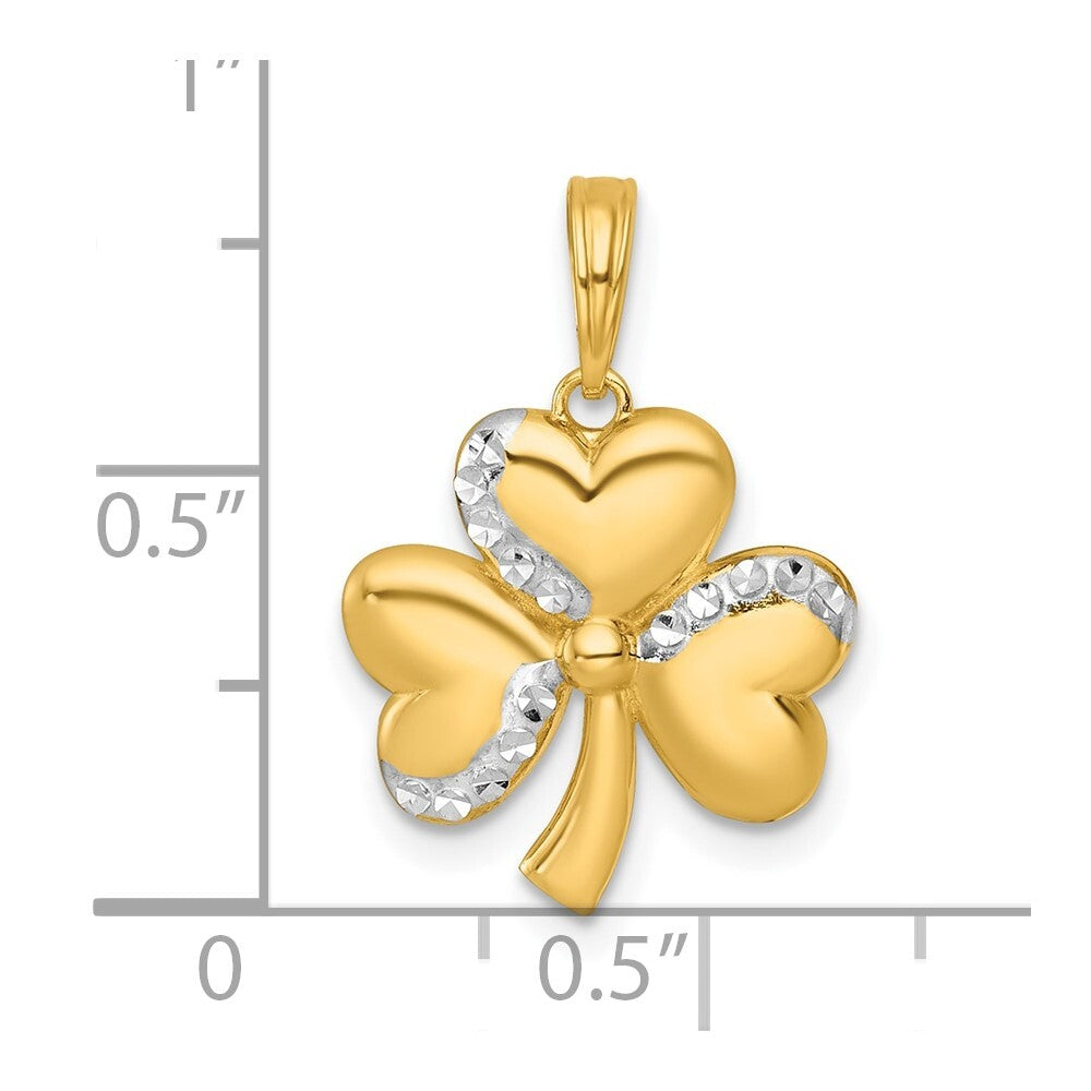 14k Yellow Gold with White Rhodium Polished 3 Leaf Clover Charm Pendant