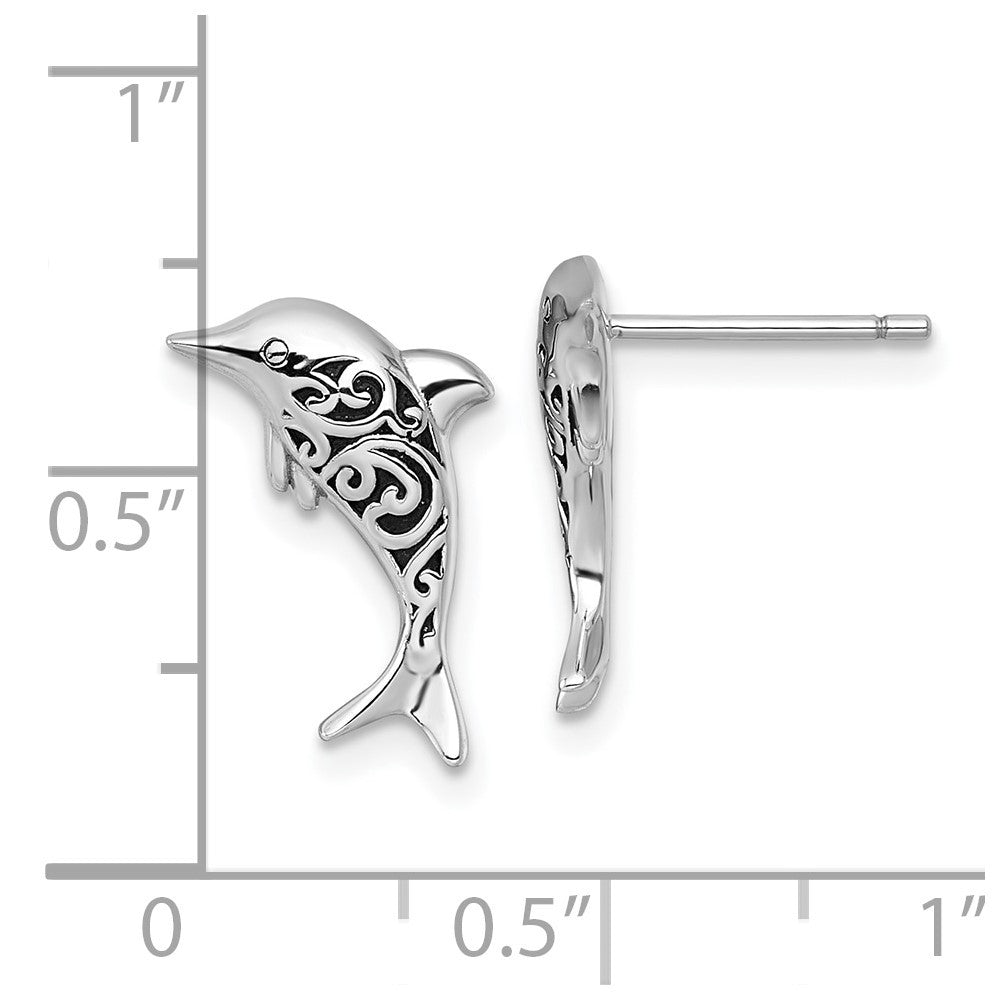 Sterling Silver Rhodium-plated Polished and Oxidized Filigree Dolphin Earrings