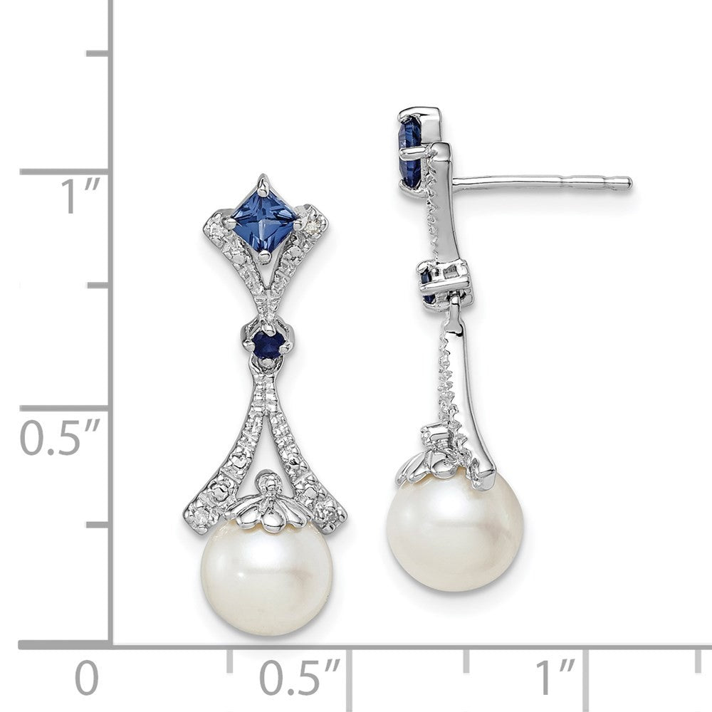 Sterling Silver Rhod Plated Diamond & Cultured Pearl Cr. Sapphire Earrings