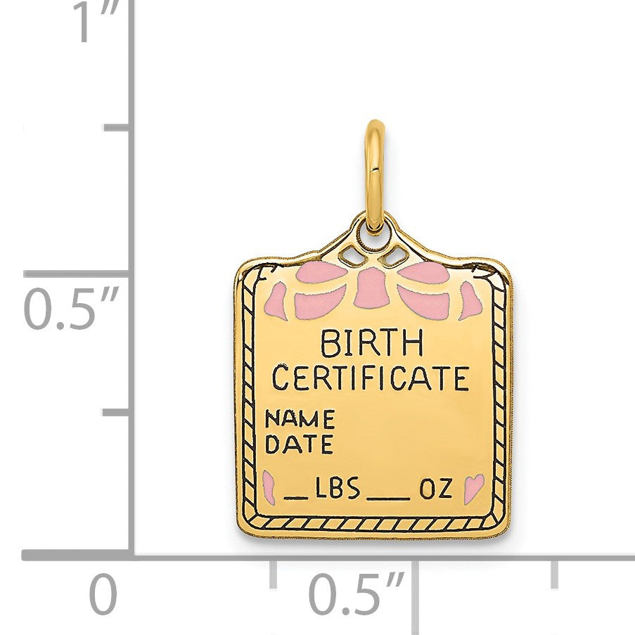 14k Enameled Pink Engravable BIRTH CERTIFICATE Charm