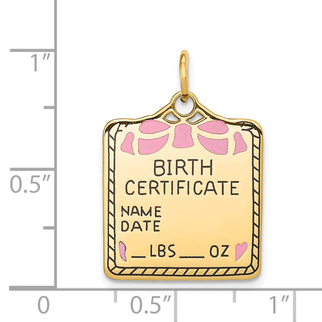 14k Enameled Pink Engravable BIRTH CERTIFICATE Charm
