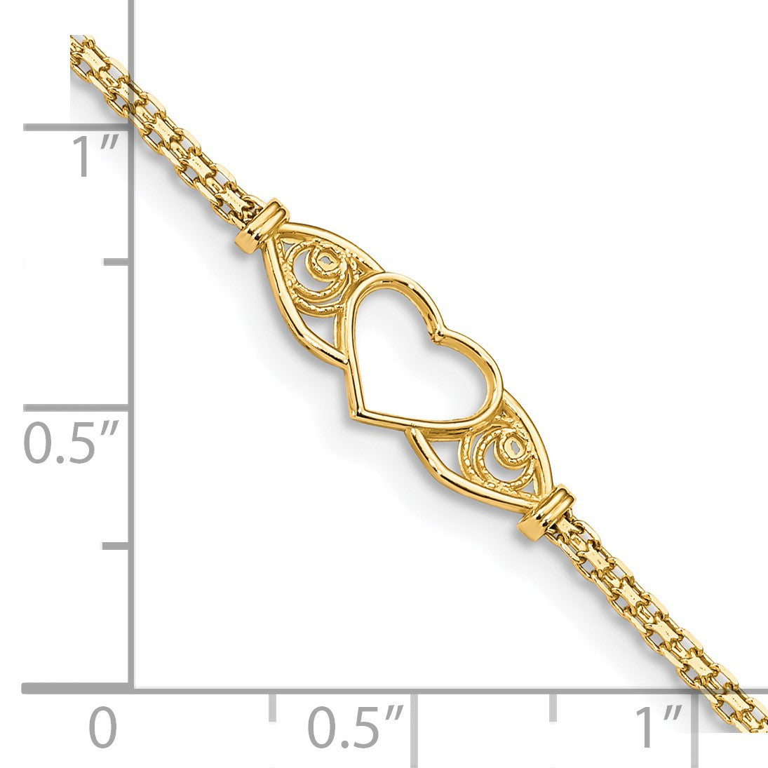 14k Polished Open Heart with Filigree and Bismark Chain 10 inch Anklet