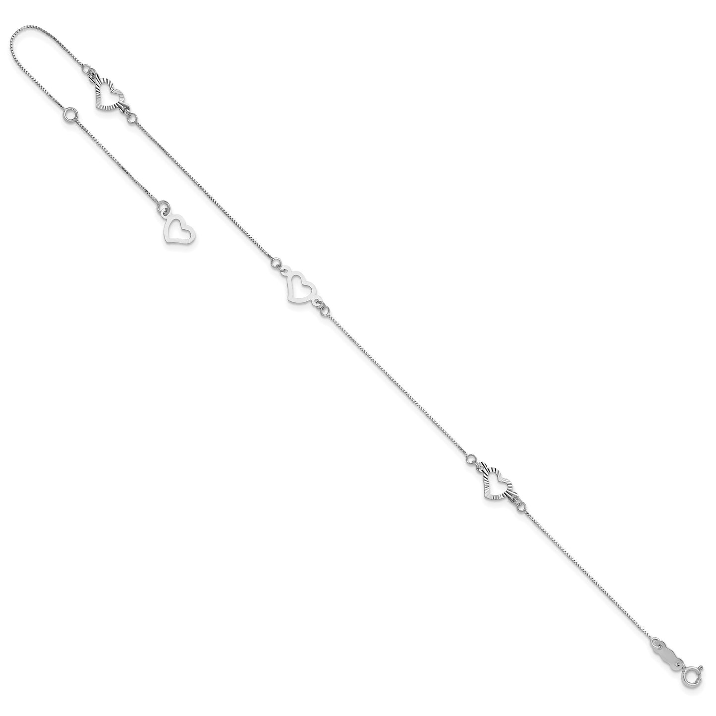 14K White Gold Fancy Open Hearts 3-Station 9 inch Plus 1 inch Extender - Total 10 inch Anklet