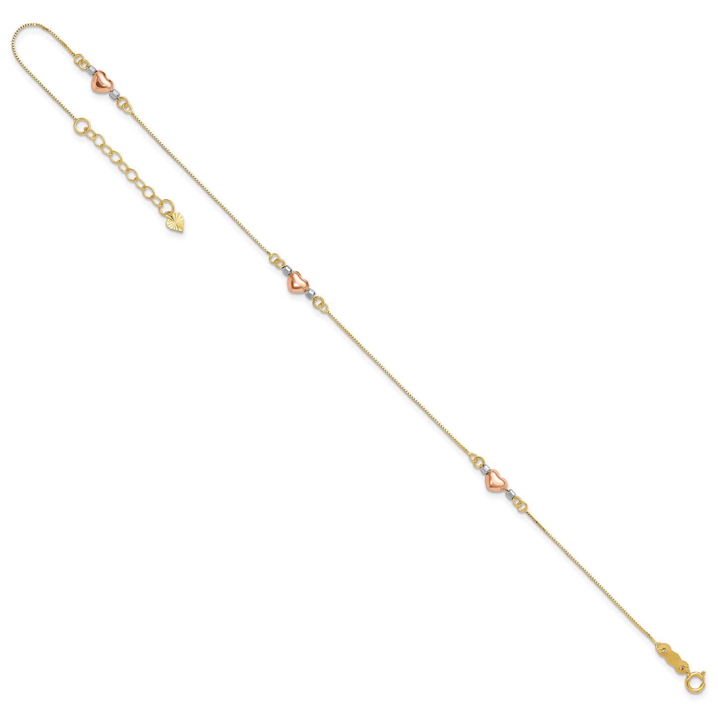 14k Tri-Color Puffed Hearts and Beads 10 inch Plus 1 inch Extender - Total 11 inch Anklet