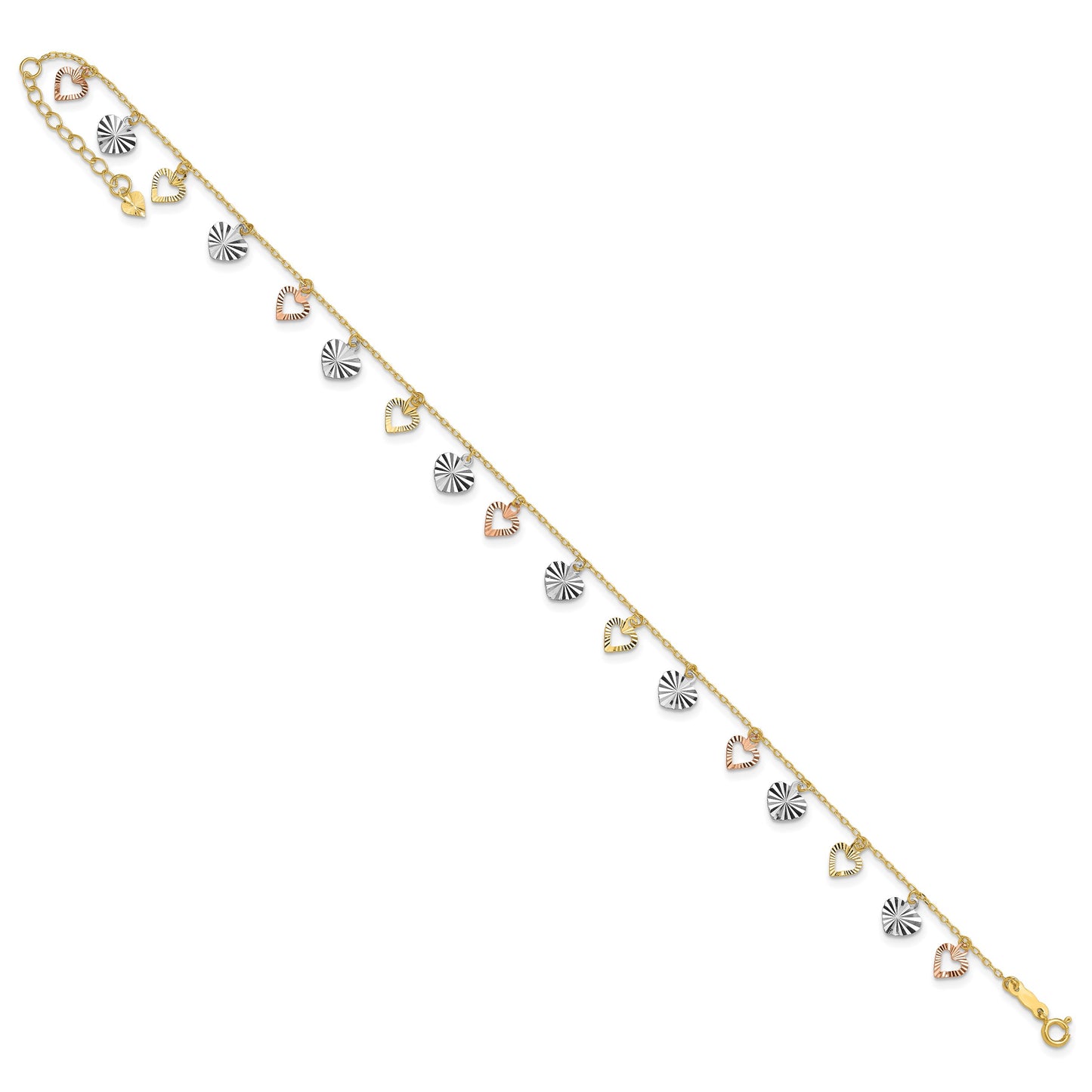 14K Tri-Color Dangle Hearts 9 inch Plus 1 inch Extender - Total 10 inch Anklet