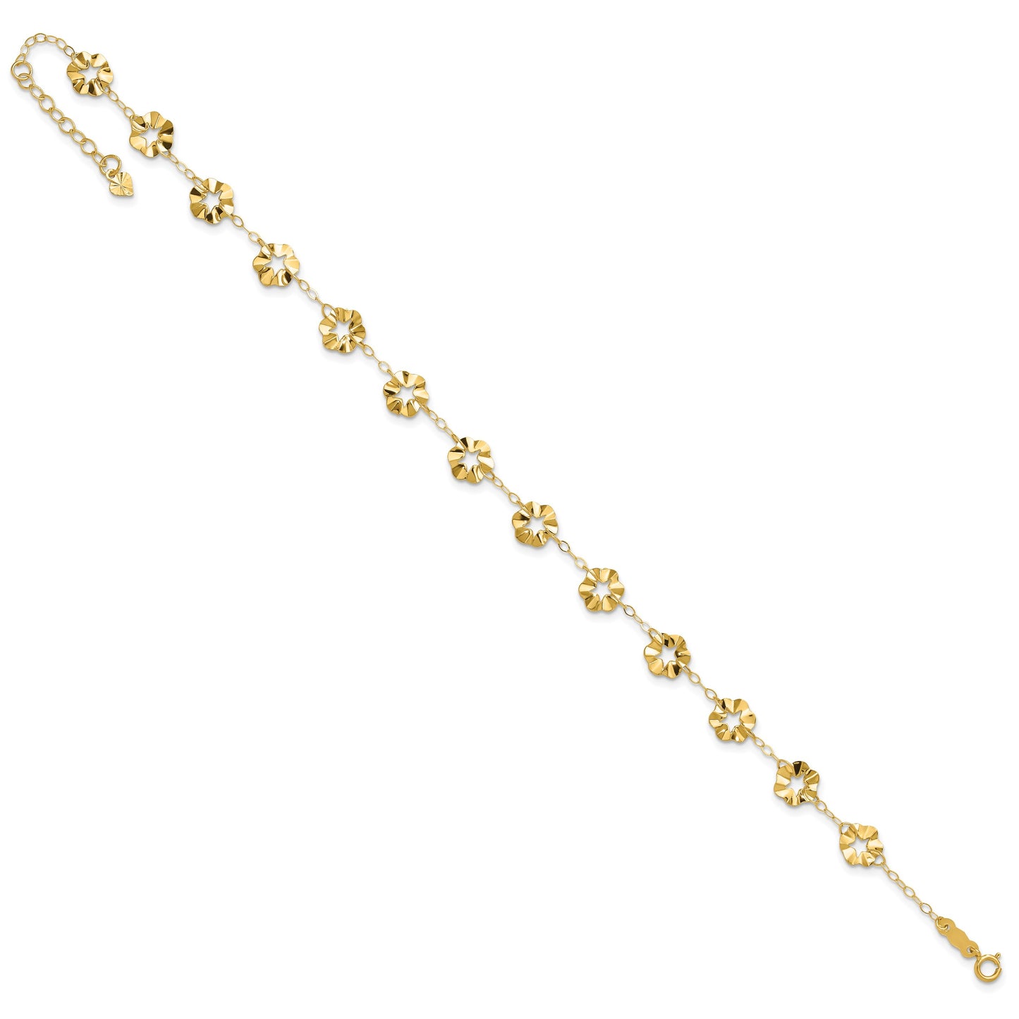 14k Ruffle Star Flowers 9 inch Plus 1 inch Extender - Total 10 inch Anklet