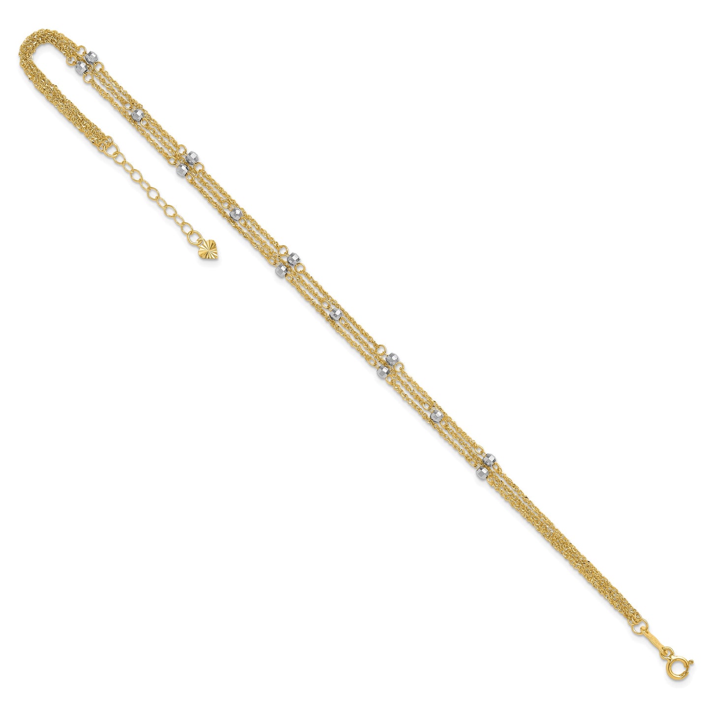14k Two-tone 3-Strand Chain with Mirror Beads 9 inch Plus 1 inch Extender - Total 10 inch Anklet
